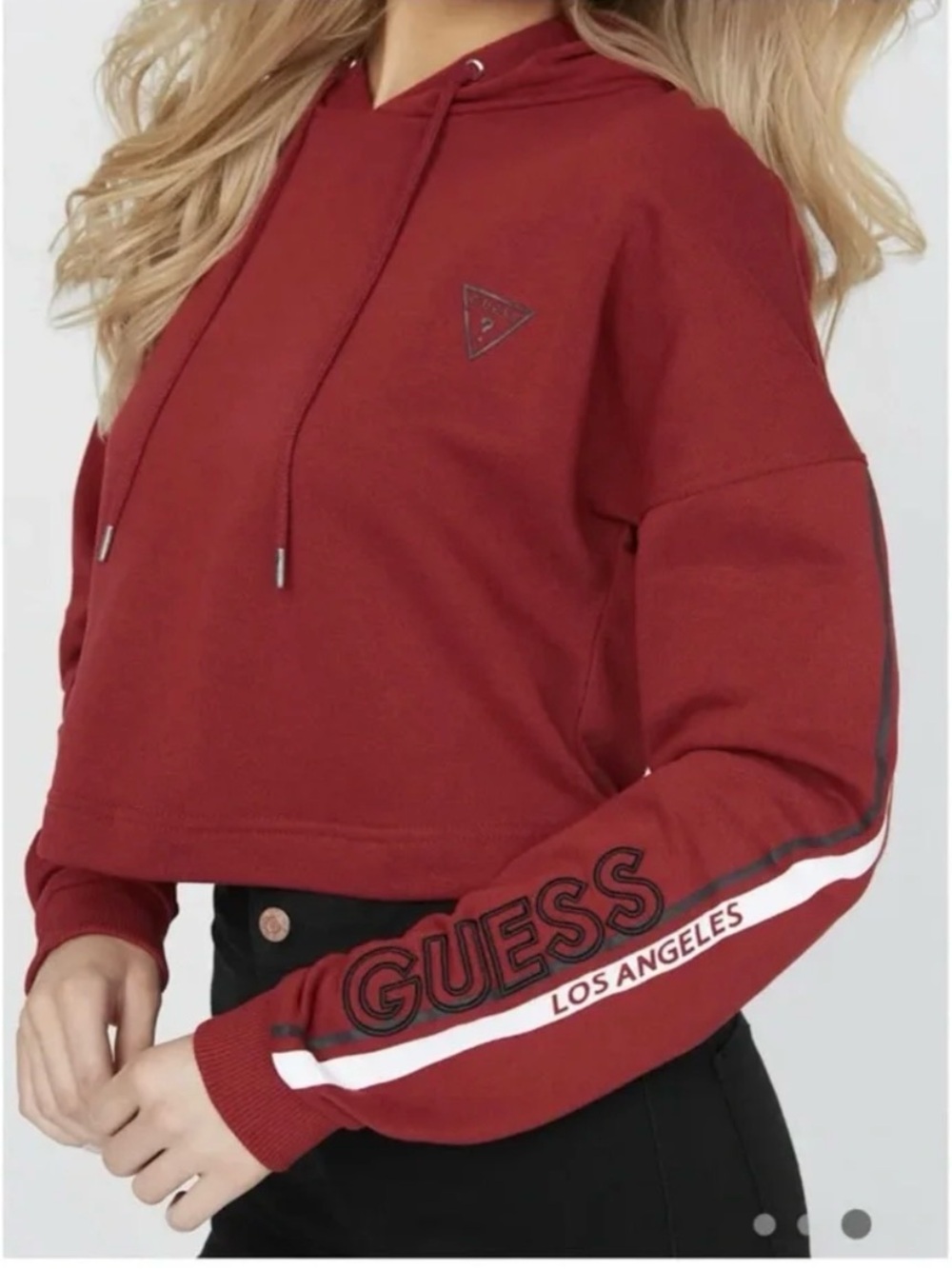 GUESS Women's Burgundy Cropped Hoodie with Logo Sleeve
